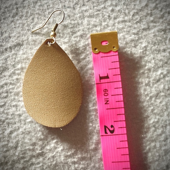 New Handcrafted Gold Leather Drop Earrings Lightweight 2”x 1” Gold French Hooks - Picture 4 of 5